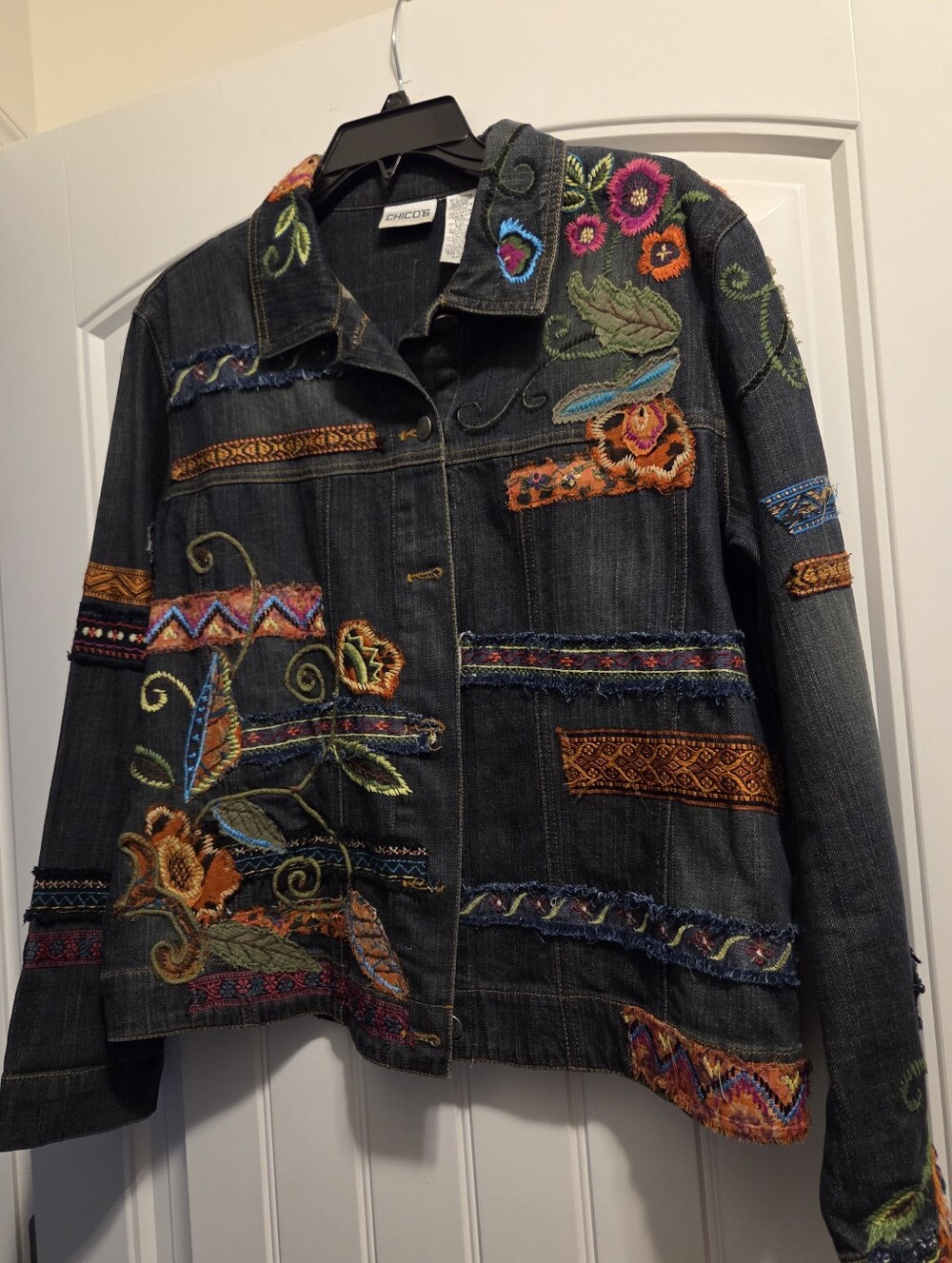Chico's Black Denim Jacket with Yellow Topstitching Size 1